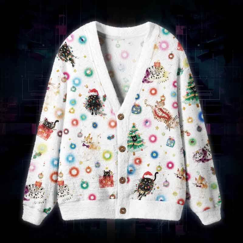 Soulisfree Whiskers And Christmas Wishes Fuzzy Cardigan Sweater
