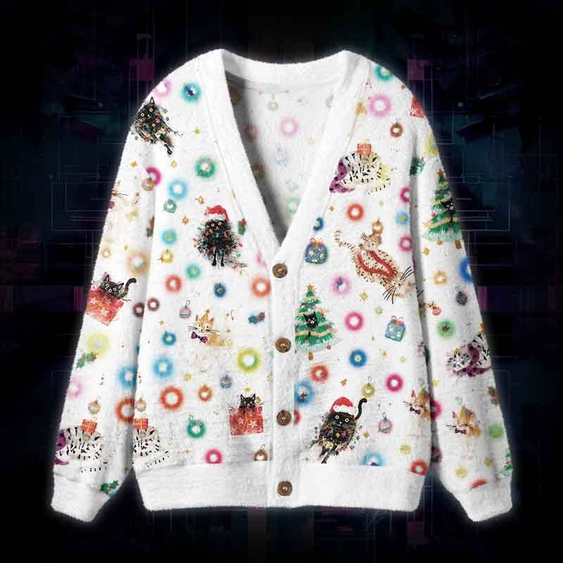Soulisfree Whiskers And Christmas Wishes Fuzzy Cardigan Sweater