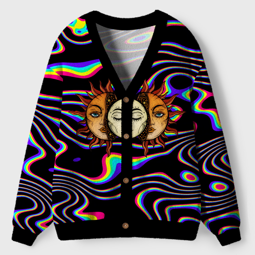 Psychedelic Sun & Moon Neon Wave Ugly Cardigan Sweaters