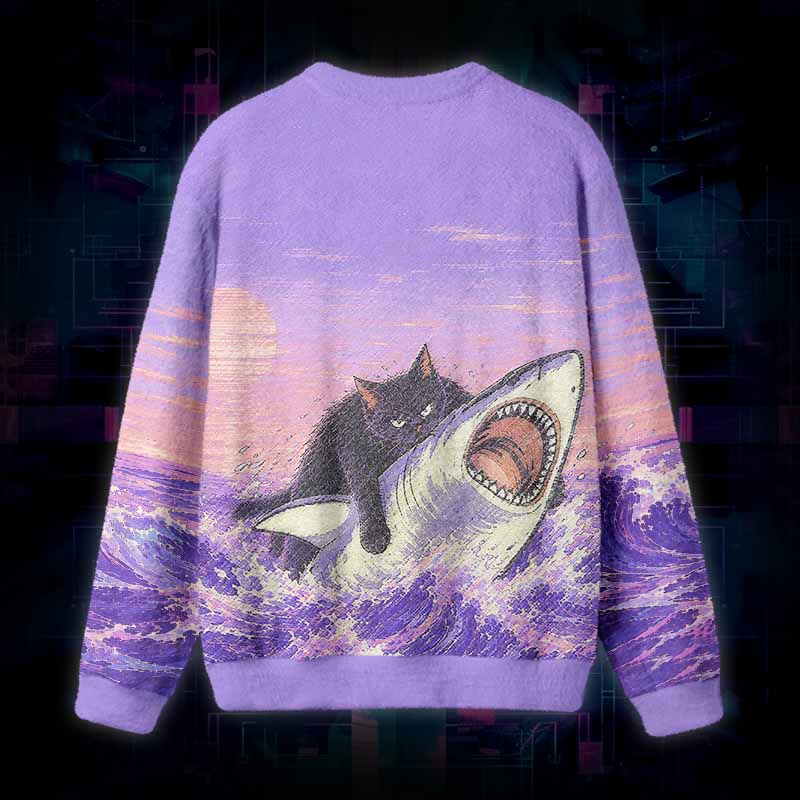 Soulisfree Fat Cat Vs Shark Fuzzy Crewneck Sweater