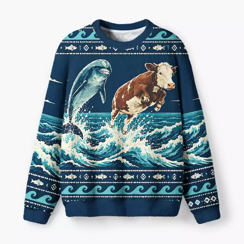 Soulisfree Dolphin and Cow Wave Fuzzy Crewneck Sweater