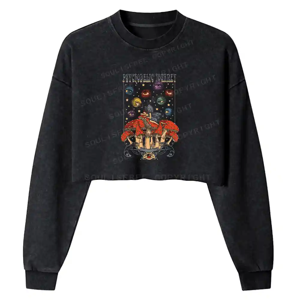 Psychedelic Realm Mushroom Washed Cropped Sweatshirt
