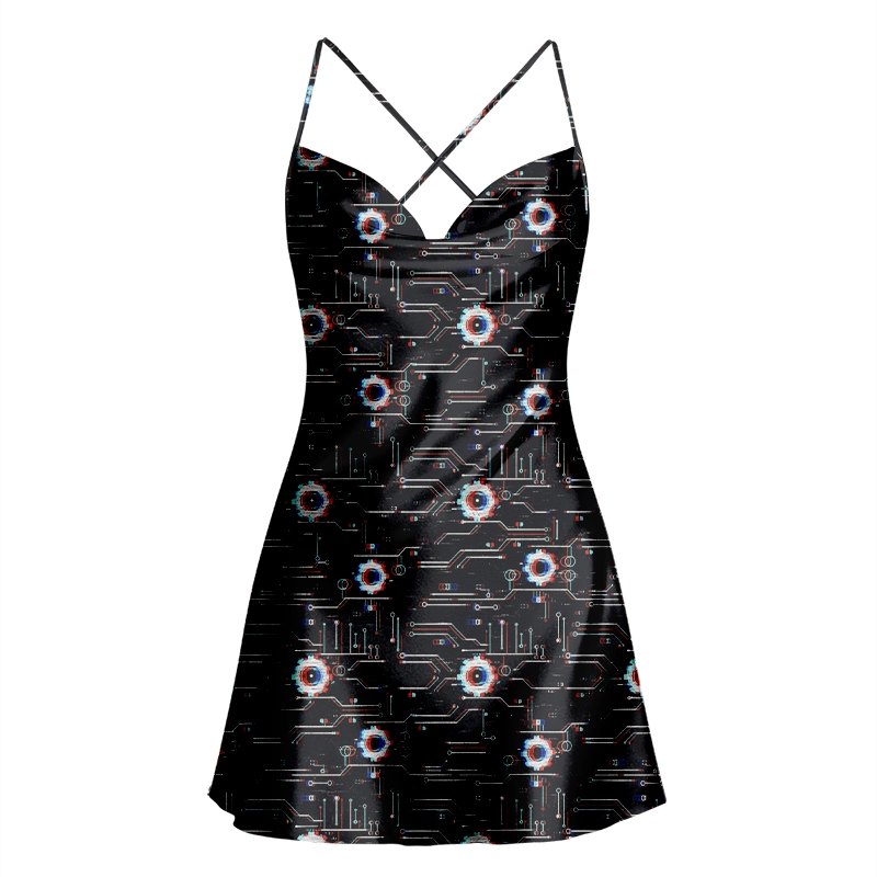 Soulisfree Neon Circuitry Cowl Neck Satin Mini Dress