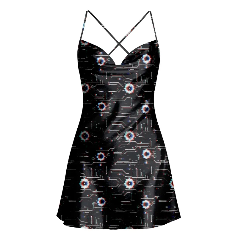 Soulisfree Neon Circuitry Cowl Neck Satin Mini Dress