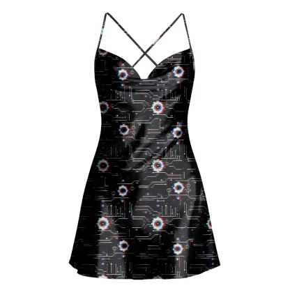 Soulisfree Neon Circuitry Cowl Neck Satin Mini Dress