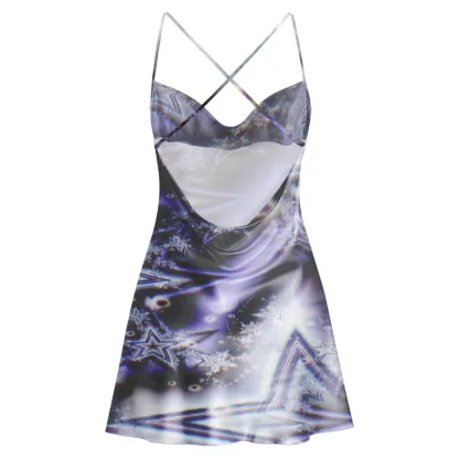 Soulisfree Cosmic Galaxy Stars Cowl Neck Satin Mini Dress