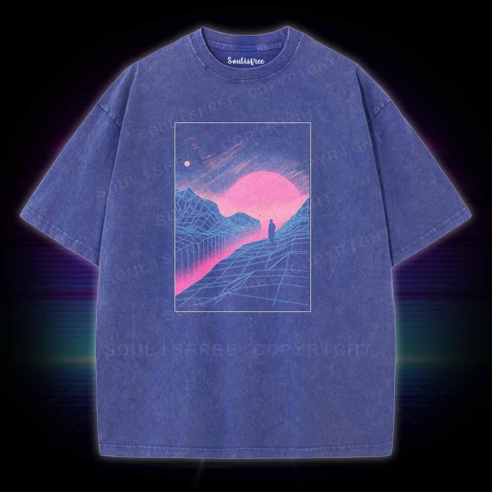 Soulisfree Neon Grid Valley with Lone Silhouette Washed Tee