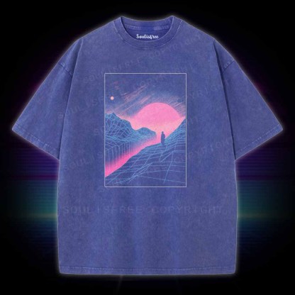 Soulisfree Neon Grid Valley with Lone Silhouette Washed Tee