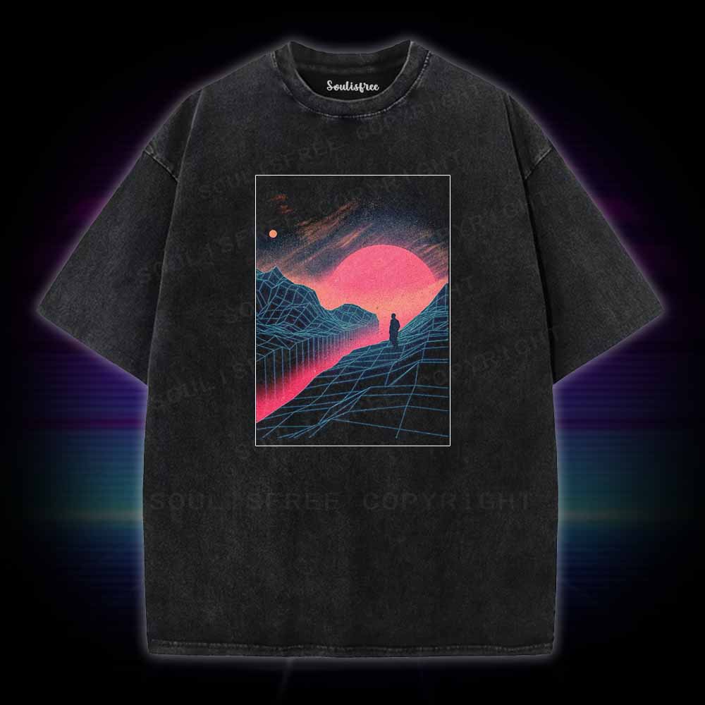 Soulisfree Neon Grid Valley with Lone Silhouette Washed Tee