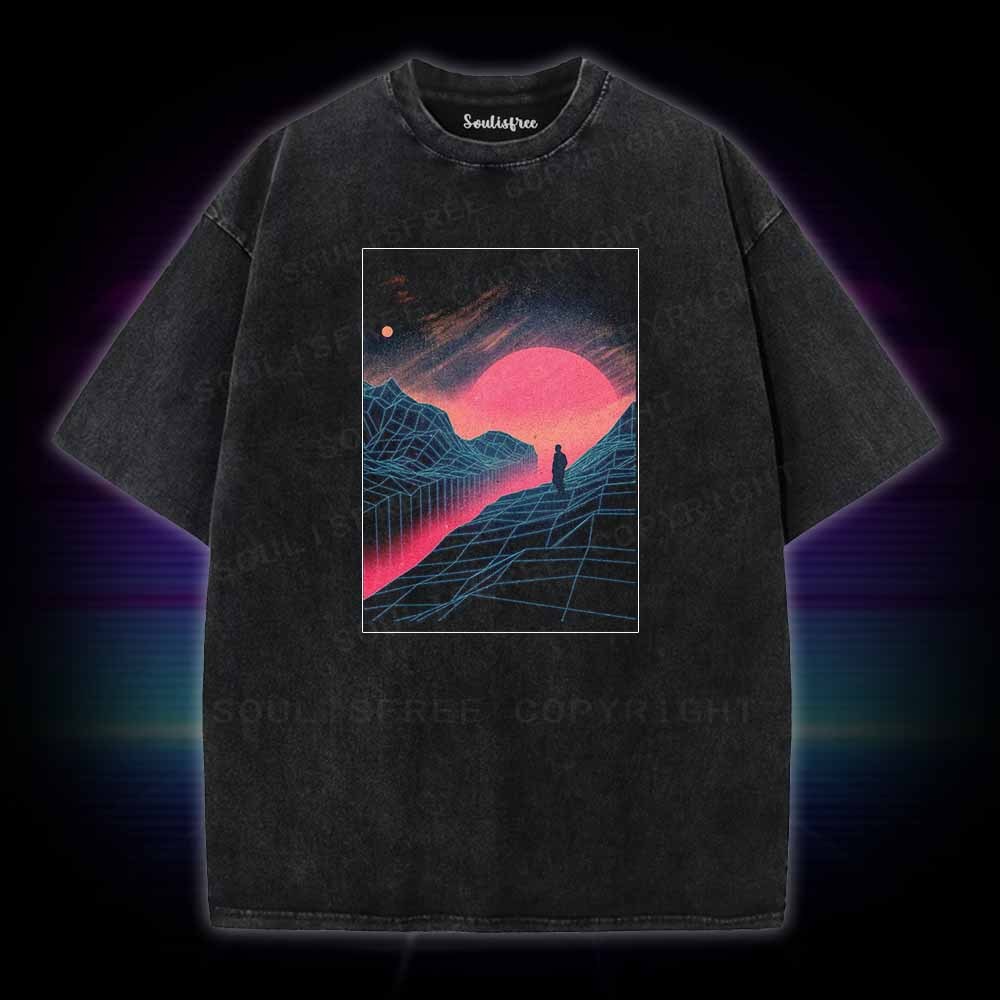 Soulisfree Neon Grid Valley with Lone Silhouette Washed Tee