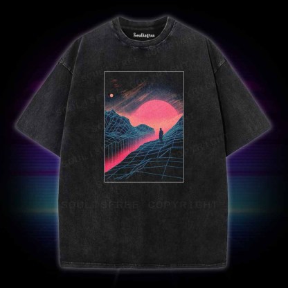 Soulisfree Neon Grid Valley with Lone Silhouette Washed Tee