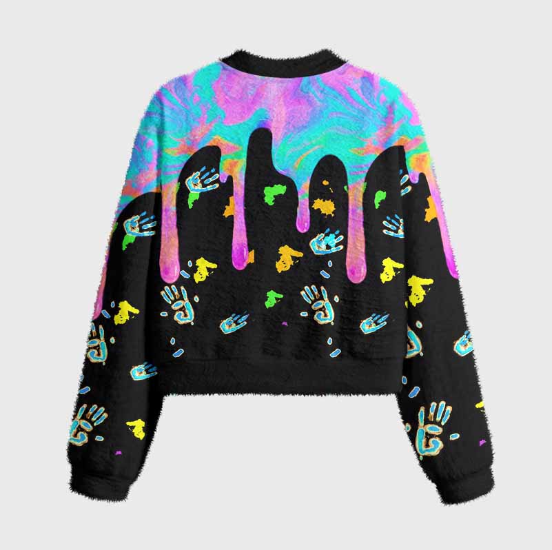 Soulisfree Neon Drip Galaxy with Floating Handprints Women's Fuzzy Crewneck Sweater