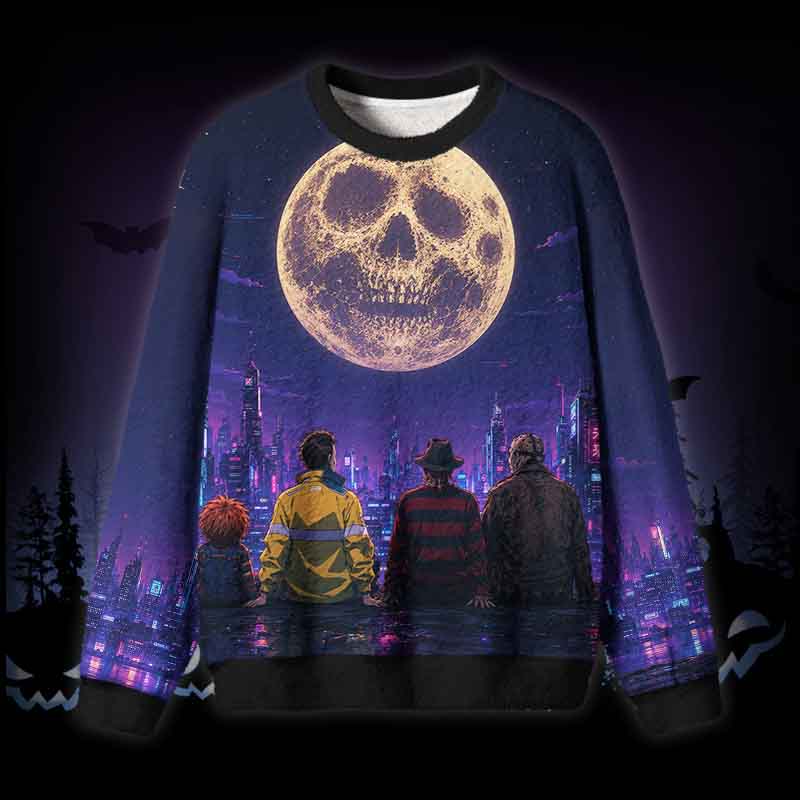 Soulisfree Skull Moon Over Neon Cybercity Fuzzy Crewneck Sweater