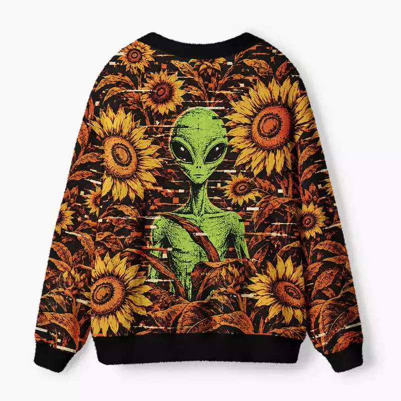 Soulisfree Alien among sunflowers Fuzzy Cardigan Sweater