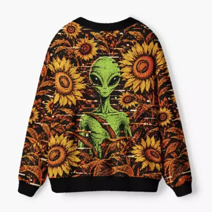 Soulisfree Alien among sunflowers Fuzzy Cardigan Sweater