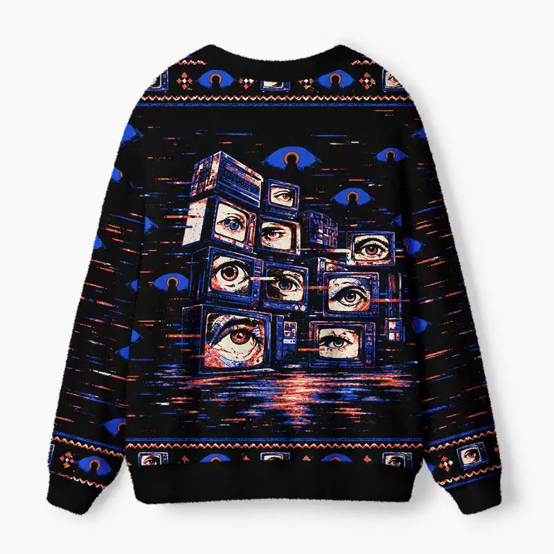 Soulisfree All Eyes On Me Retro Eye Fuzzy Cardigan Sweater
