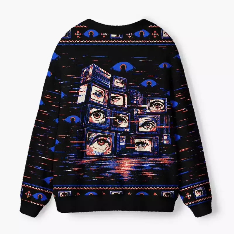 Soulisfree All Eyes On Me Retro Eye Fuzzy Cardigan Sweater