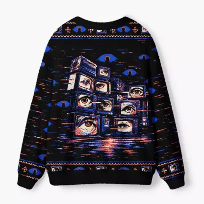Soulisfree All Eyes On Me Retro Eye Fuzzy Cardigan Sweater