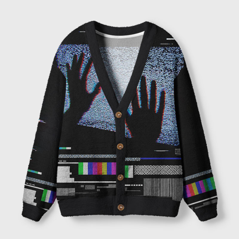 Soulisfree Analog TV Static Glitch Cardigan Fuzzy Cardigan Sweater 