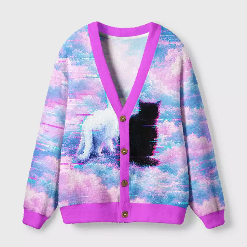 Soulisfree Black White Cats in Clouds Cardigan Fuzzy Cardigan Sweater
