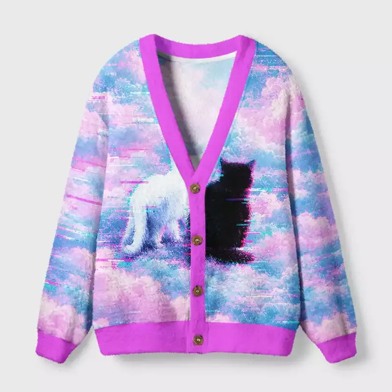 Soulisfree Black White Cats in Clouds Cardigan Fuzzy Cardigan Sweater