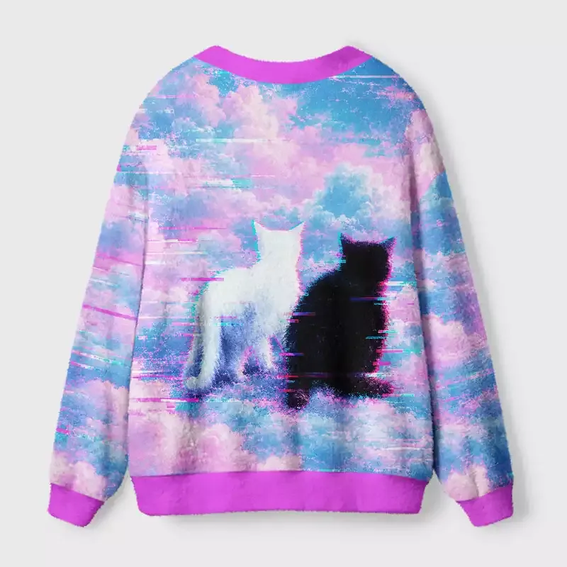 Soulisfree Black White Cats in Clouds Cardigan Fuzzy Cardigan Sweater
