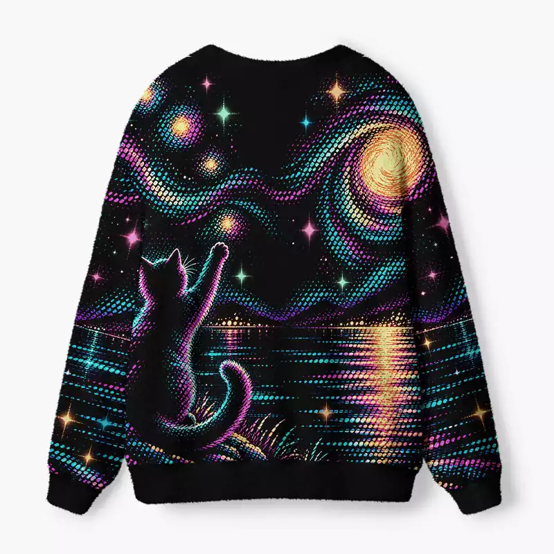 Soulisfree Cat Reaching the Moon Fuzzy Cardigan Sweater