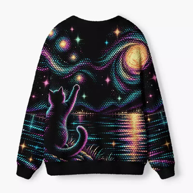 Soulisfree Cat Reaching the Moon Fuzzy Cardigan Sweater