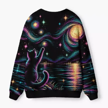 Soulisfree Cat Reaching the Moon Fuzzy Cardigan Sweater