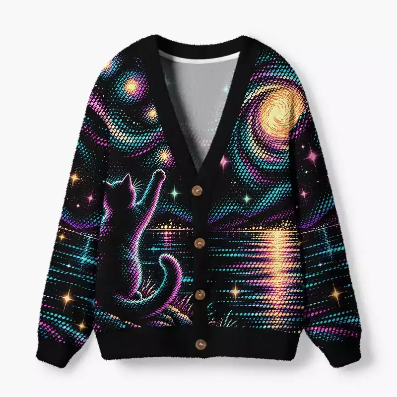 Soulisfree Cat Reaching the Moon Fuzzy Cardigan Sweater