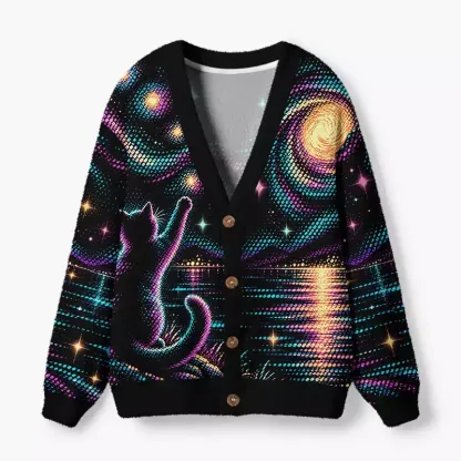 Soulisfree Cat Reaching the Moon Fuzzy Cardigan Sweater