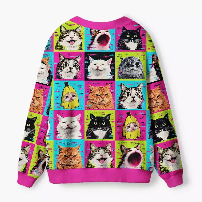 Soulisfree Cat meme grid Fuzzy Cardigan Sweater