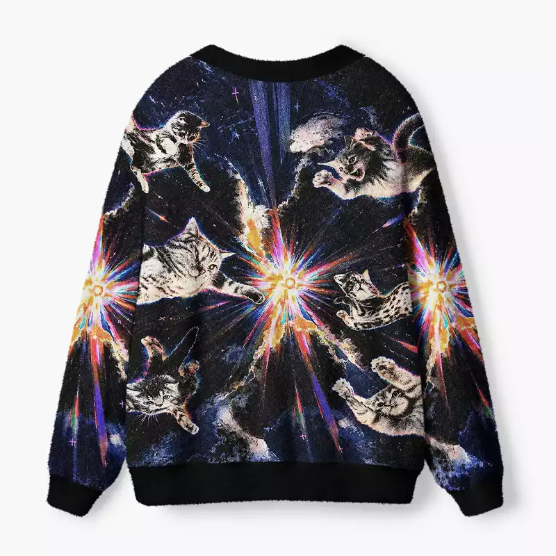 Soulisfree Cats In Galaxy Fuzzy Cardigan Sweater