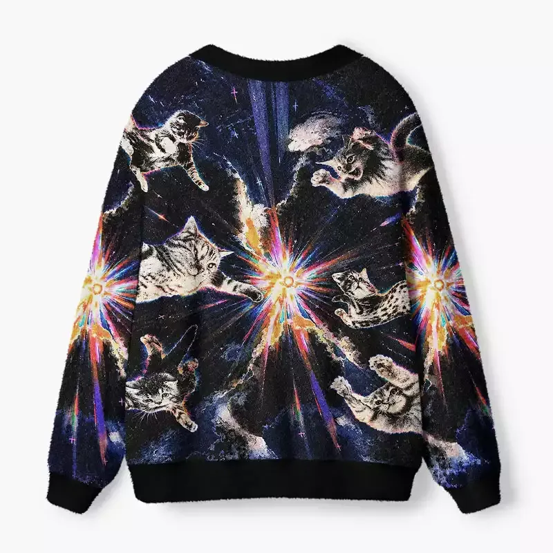 Soulisfree Cats In Galaxy Fuzzy Cardigan Sweater