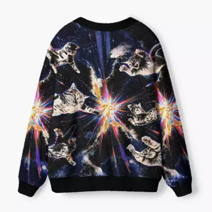 Soulisfree Cats In Galaxy Fuzzy Cardigan Sweater