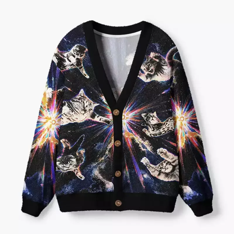 Soulisfree Cats In Galaxy Fuzzy Cardigan Sweater