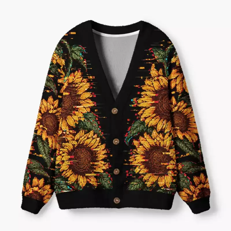 Soulisfree Charcoal Sunflower Fuzzy Cardigan Sweater