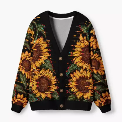 Soulisfree Charcoal Sunflower Fuzzy Cardigan Sweater