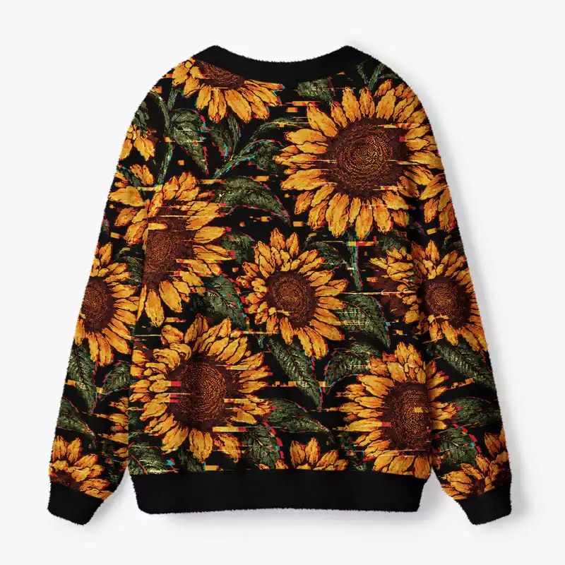 Soulisfree Charcoal Sunflower Fuzzy Cardigan Sweater