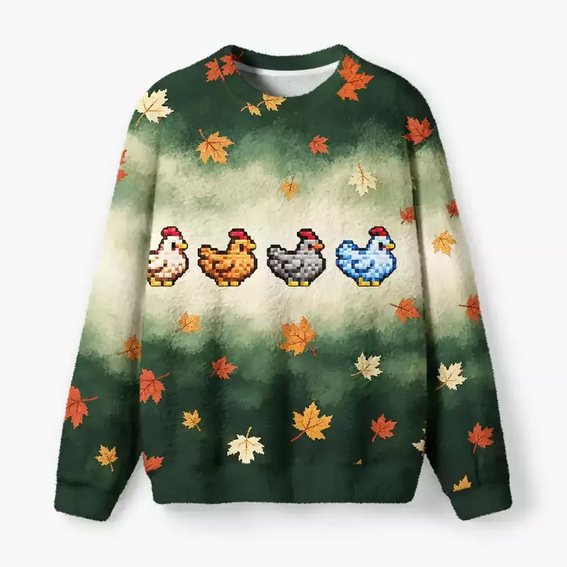 Soulisfree Chickens Among Autumn Leaves Fuzzy Crewneck Sweater