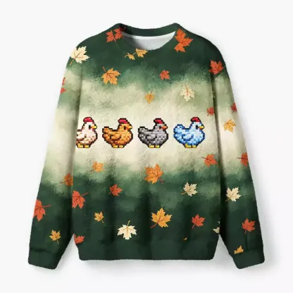 Soulisfree Chickens Among Autumn Leaves Fuzzy Crewneck Sweater