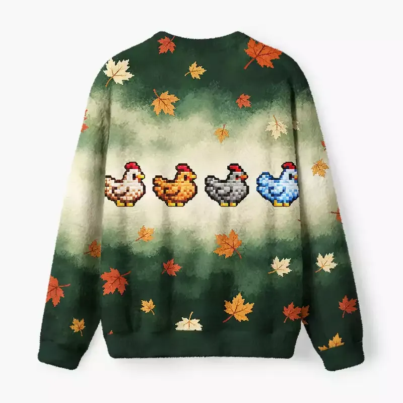 Soulisfree Chickens Among Autumn Leaves Fuzzy Crewneck Sweater
