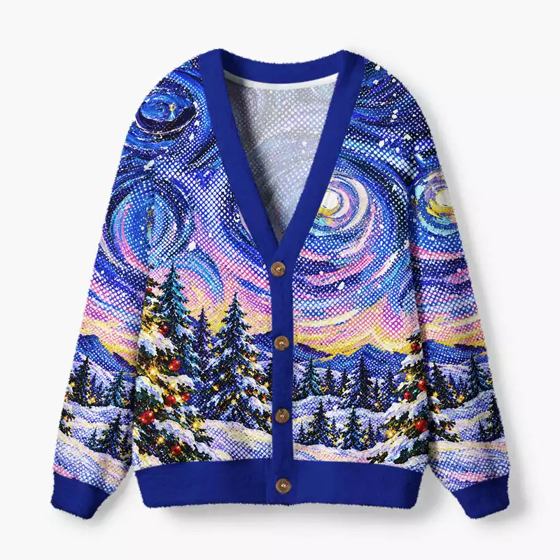 Soulisfree Christmas Landscape Fuzzy Cardigan Sweater