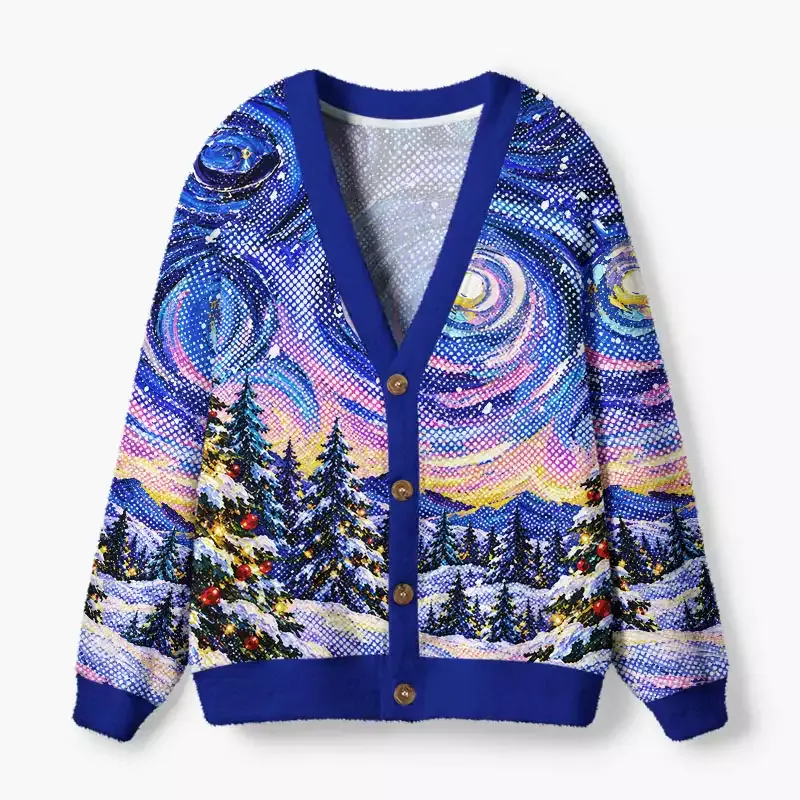 Soulisfree Christmas Landscape Fuzzy Cardigan Sweater