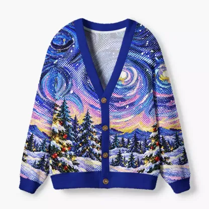 Soulisfree Christmas Landscape Fuzzy Cardigan Sweater