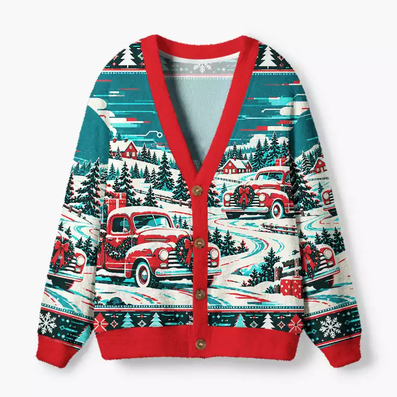 Soulisfree Christmas Truck Parade Fuzzy Cardigan Sweater
