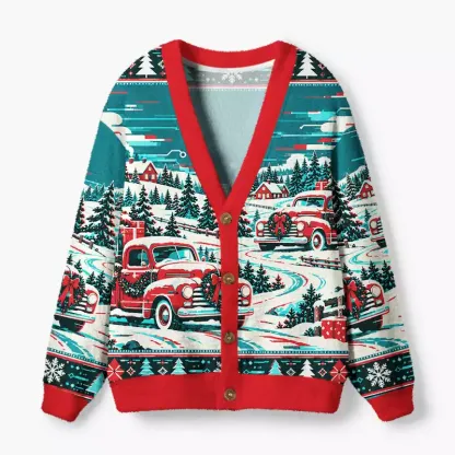 Soulisfree Christmas Truck Parade Fuzzy Cardigan Sweater