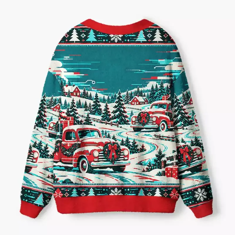 Soulisfree Christmas Truck Parade Fuzzy Cardigan Sweater