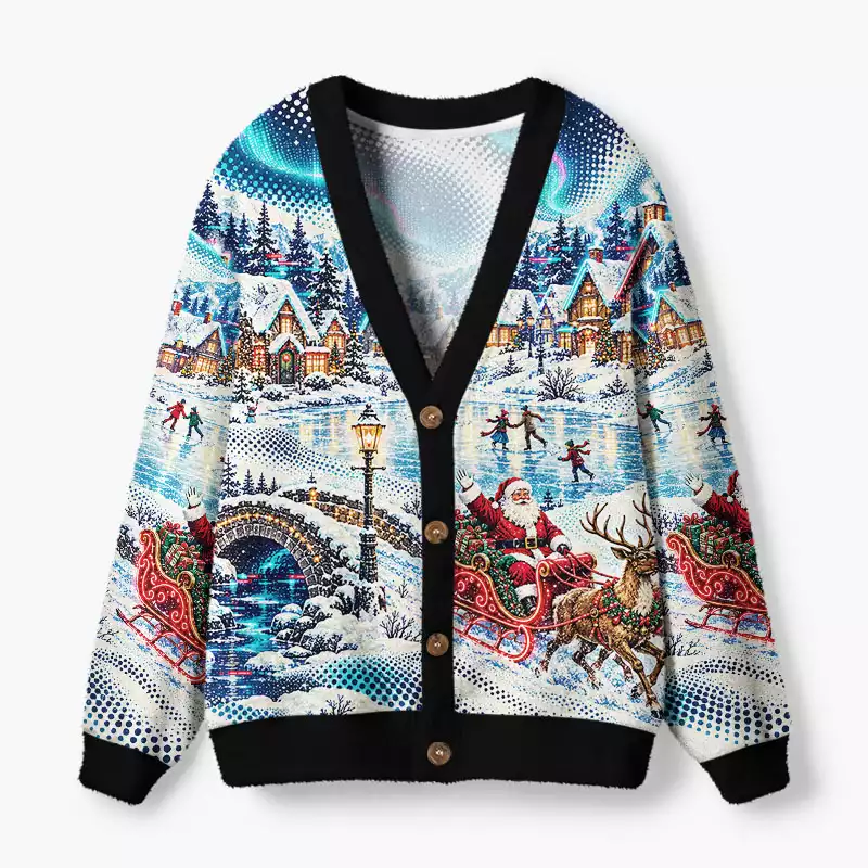 Soulisfree Christmas Village Fuzzy Cardigan Sweater