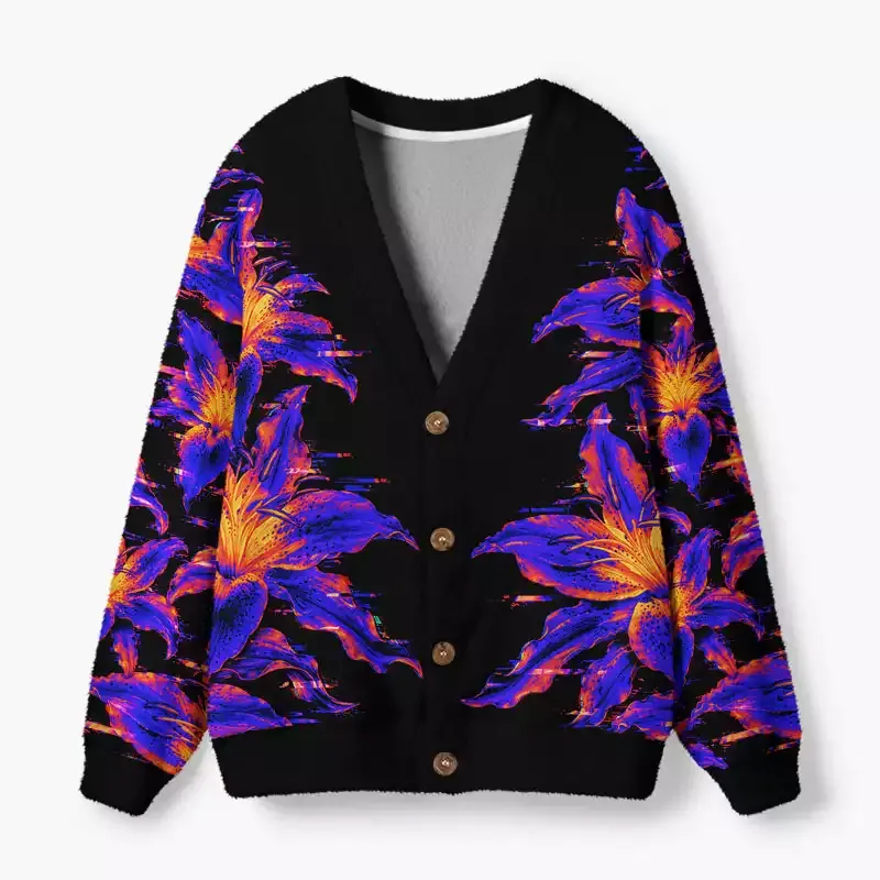 Soulisfree Cobalt blooms Fuzzy Cardigan Sweater